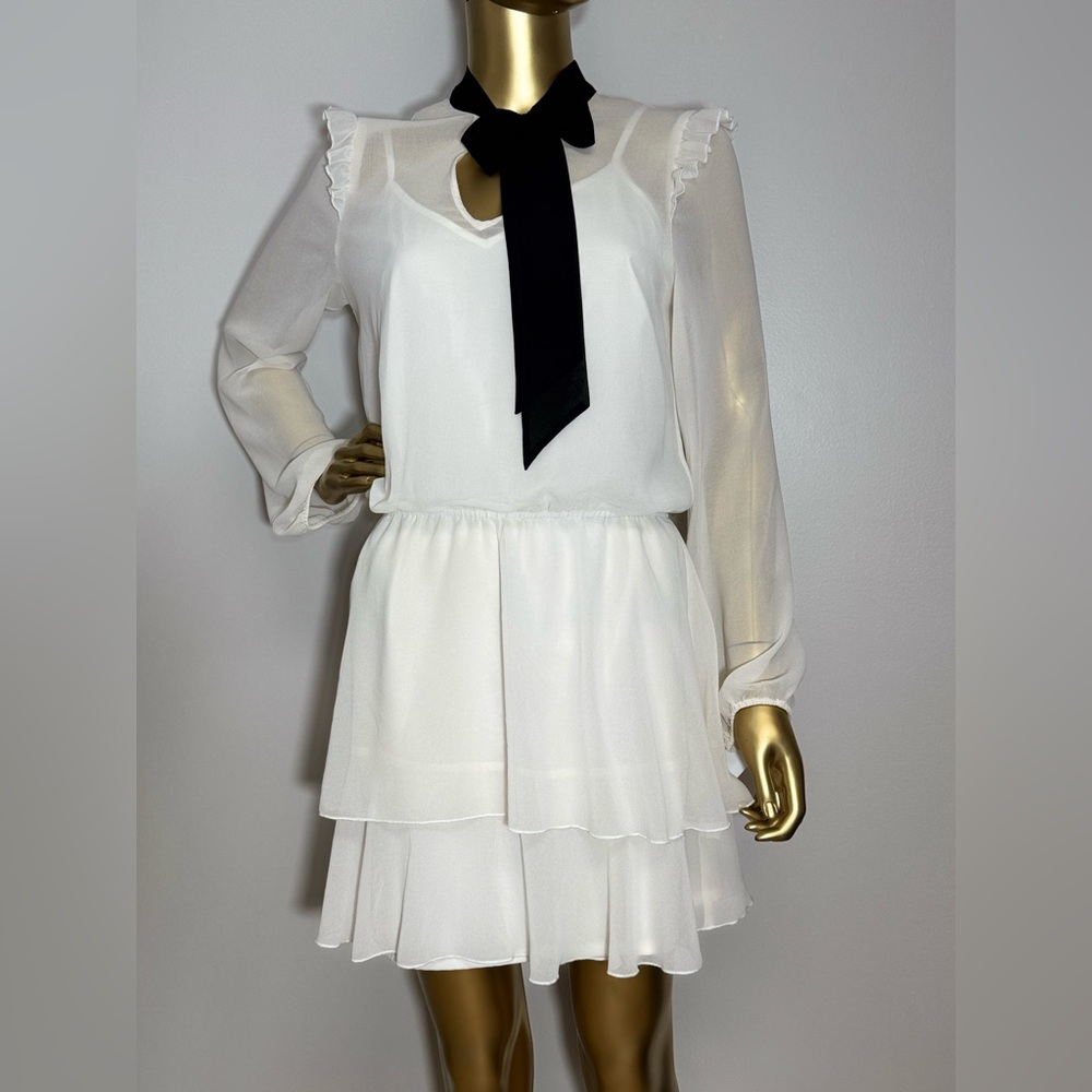 Highline Collective White Chiffon Mini Dress Tie-neck Lined Peasant ~ Size M